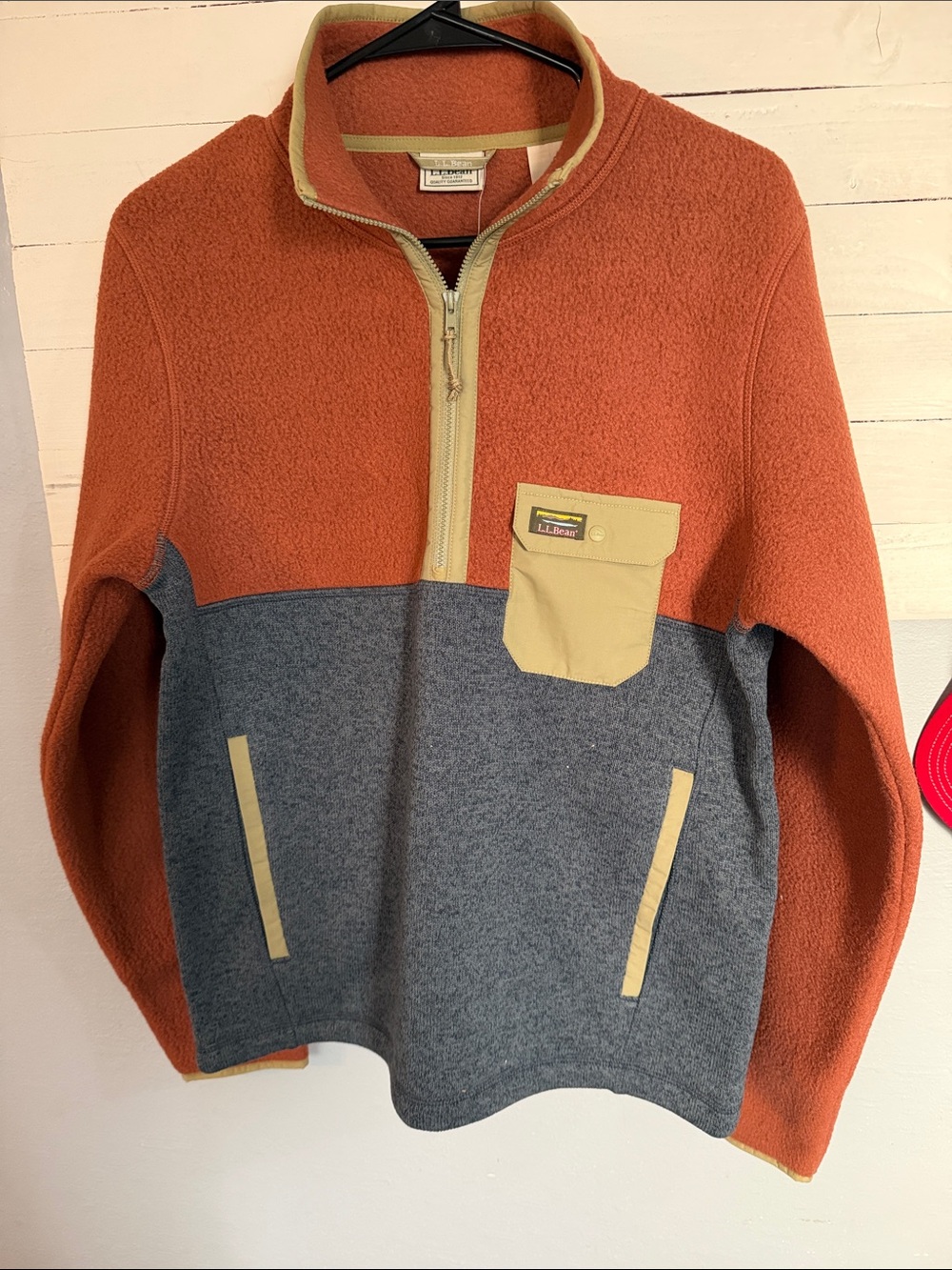 L.L. Bean Orange and Gray Half-Zip Fleece/Sherpa Pullover Sweater